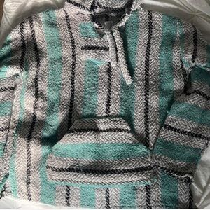 Striped Hooded Men's Sweater - Teal and Gray
